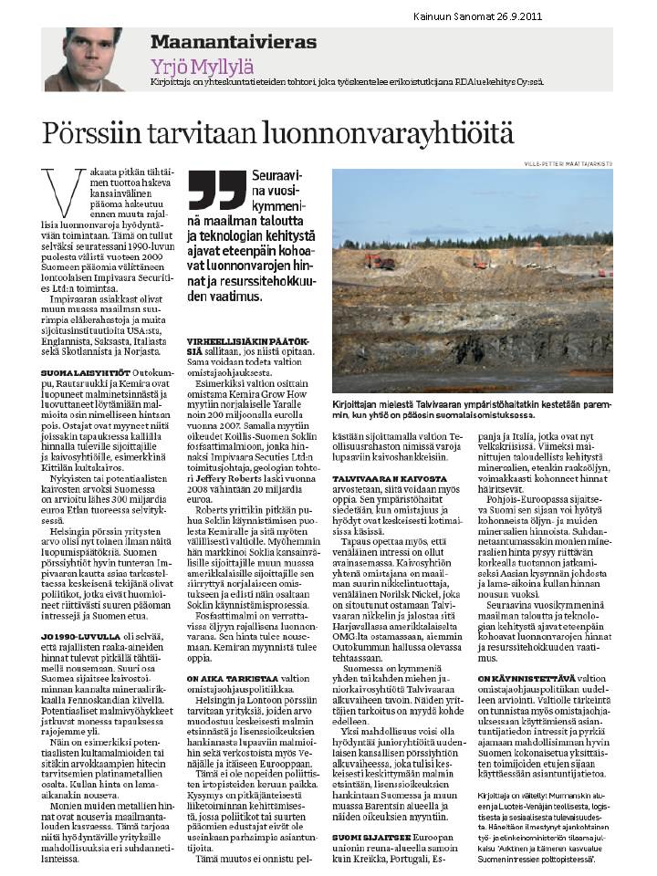 Kainuun Sanomat 260911 Maanantaivieras