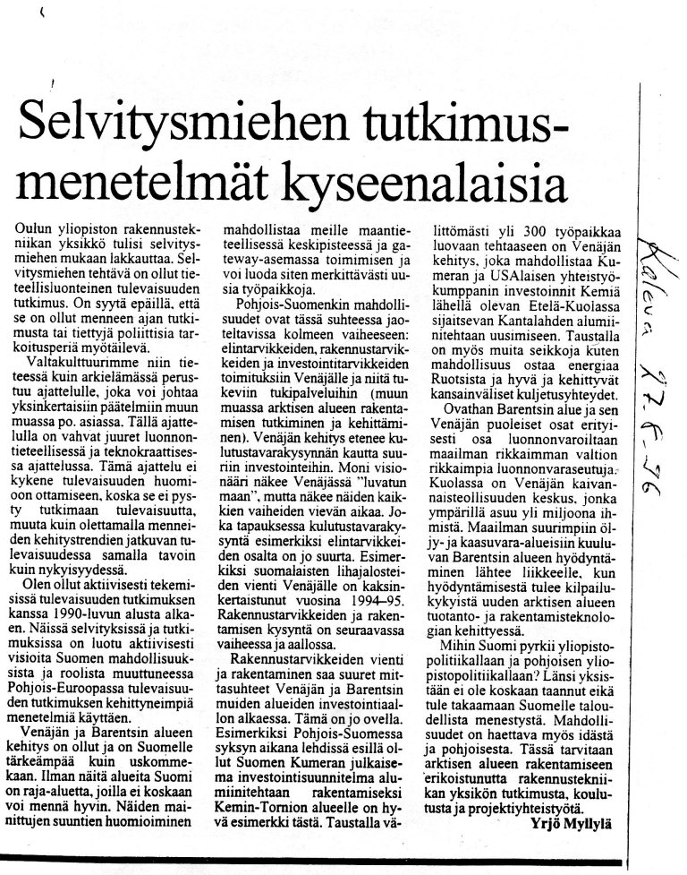 Kaleva, Mielipide, 27.8.1996, pak