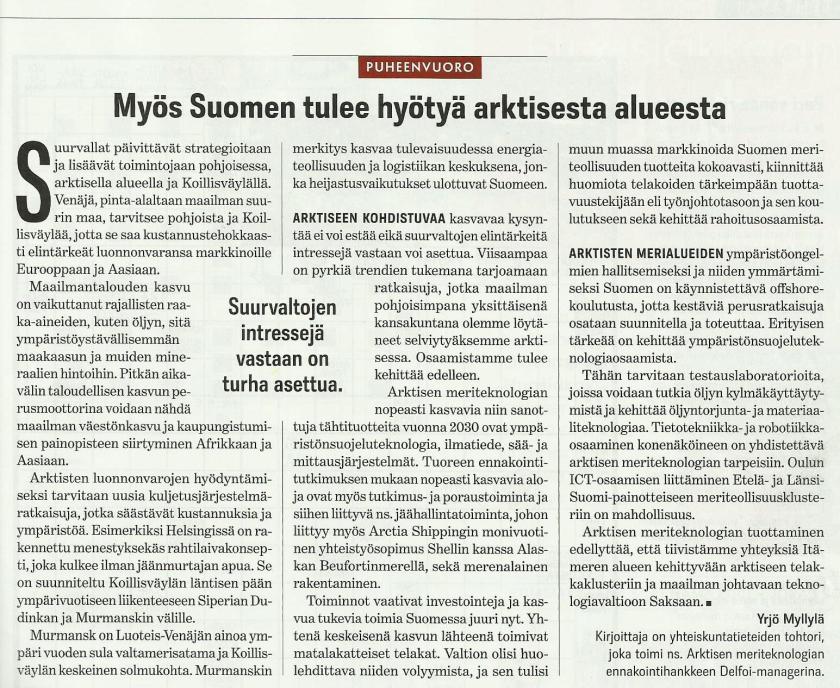 SK Puheenvuoro 15.11.2013, Myös Suomen tulee hyötyä arktisesta