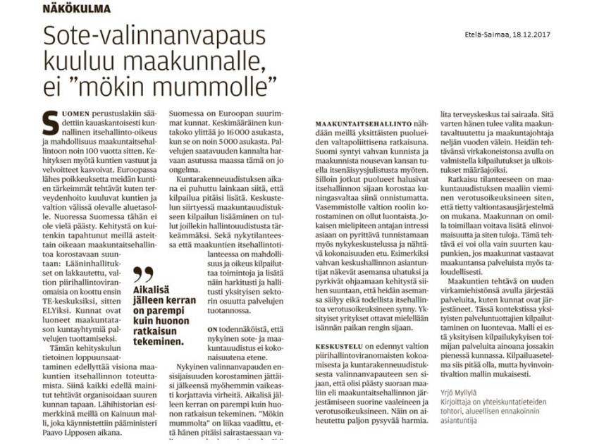 Sote-valinnanvapaus kuuluu maakunnalle, Etelä-Saimaa 18.12.2017, 2 p