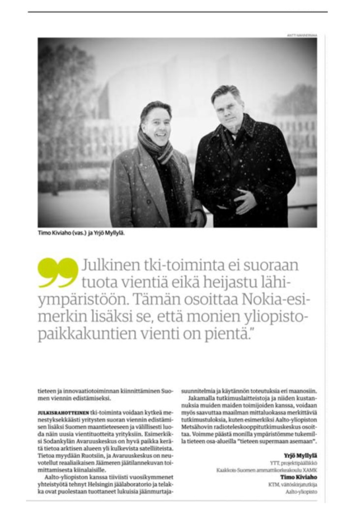 Kauppalehti 11.3.2019, Tiede- ja innovaatiorahoitus yritysten ja alueiden avuksi, kuva